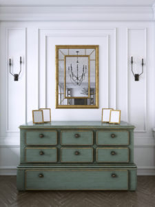 Vintage chest of drawers in classic style with mirror.