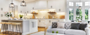 Luxurious interior design of white kitchen, dining room with windows and living room in one space